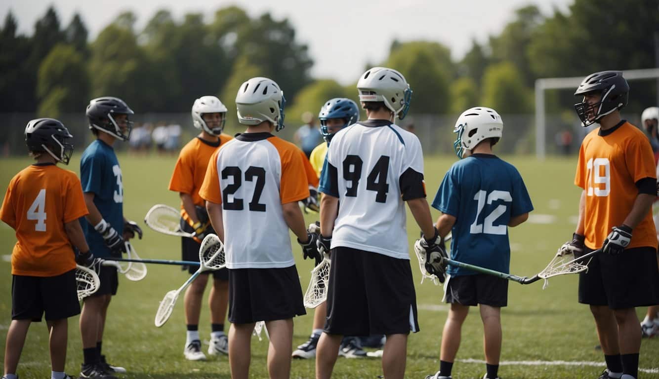 A group of beginners practicing lacrosse on a grassy field with colorful equipment and a coach giving instructions