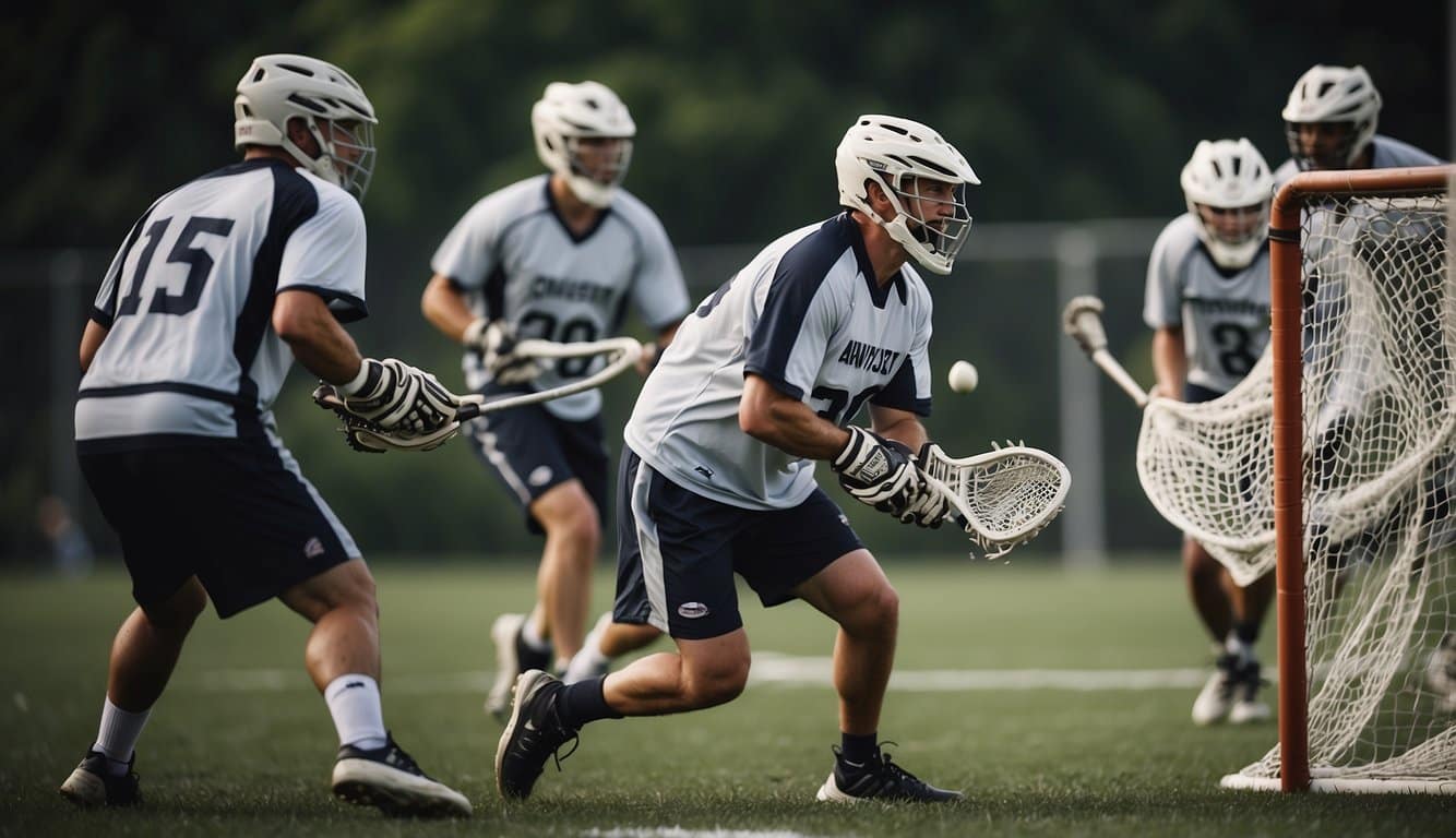 A lacrosse game in a grassy field with players in action, throwing and catching the ball, while the goalkeepers guard the nets