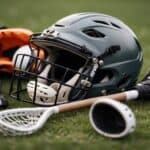 Lacrosse gear laid out on grass field, including helmet, gloves, stick, and shoulder pads