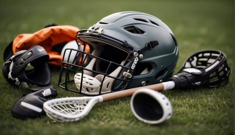 Lacrosse gear laid out on grass field, including helmet, gloves, stick, and shoulder pads