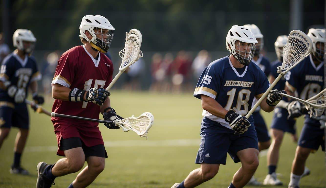 A field with lacrosse equipment and players in various team uniforms, competing in a game with spectators cheering from the sidelines