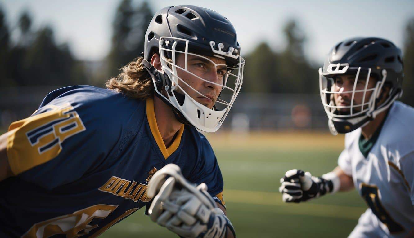 A lacrosse player dodges a collision, keeping their body balanced and avoiding potential injuries