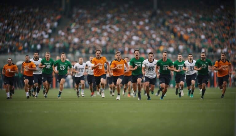 Players in colorful uniforms run across a green field, passing a small rubber ball with long sticks. A crowd cheers from the sidelines