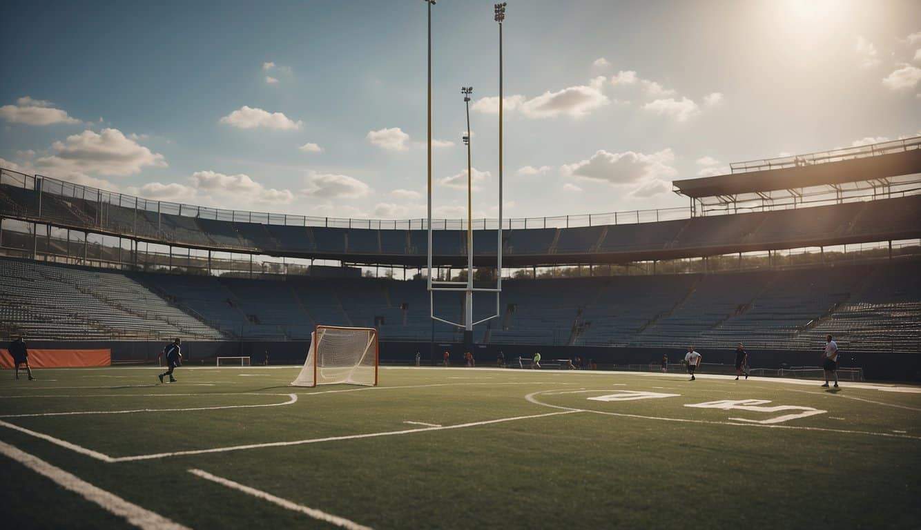 A lacrosse field with goalposts, marked boundaries, and players in action