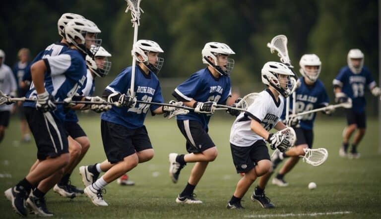 A group of young lacrosse players running drills on a grass field, passing and catching the ball with their sticks