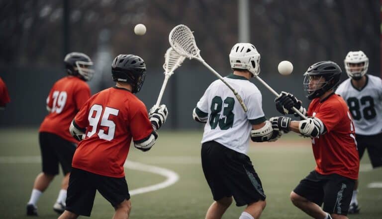 Players pass lacrosse ball, showing teamwork