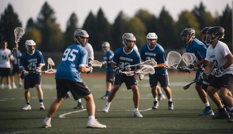 A group of lacrosse players training on a field, passing the ball, and practicing their shots under the guidance of coaches