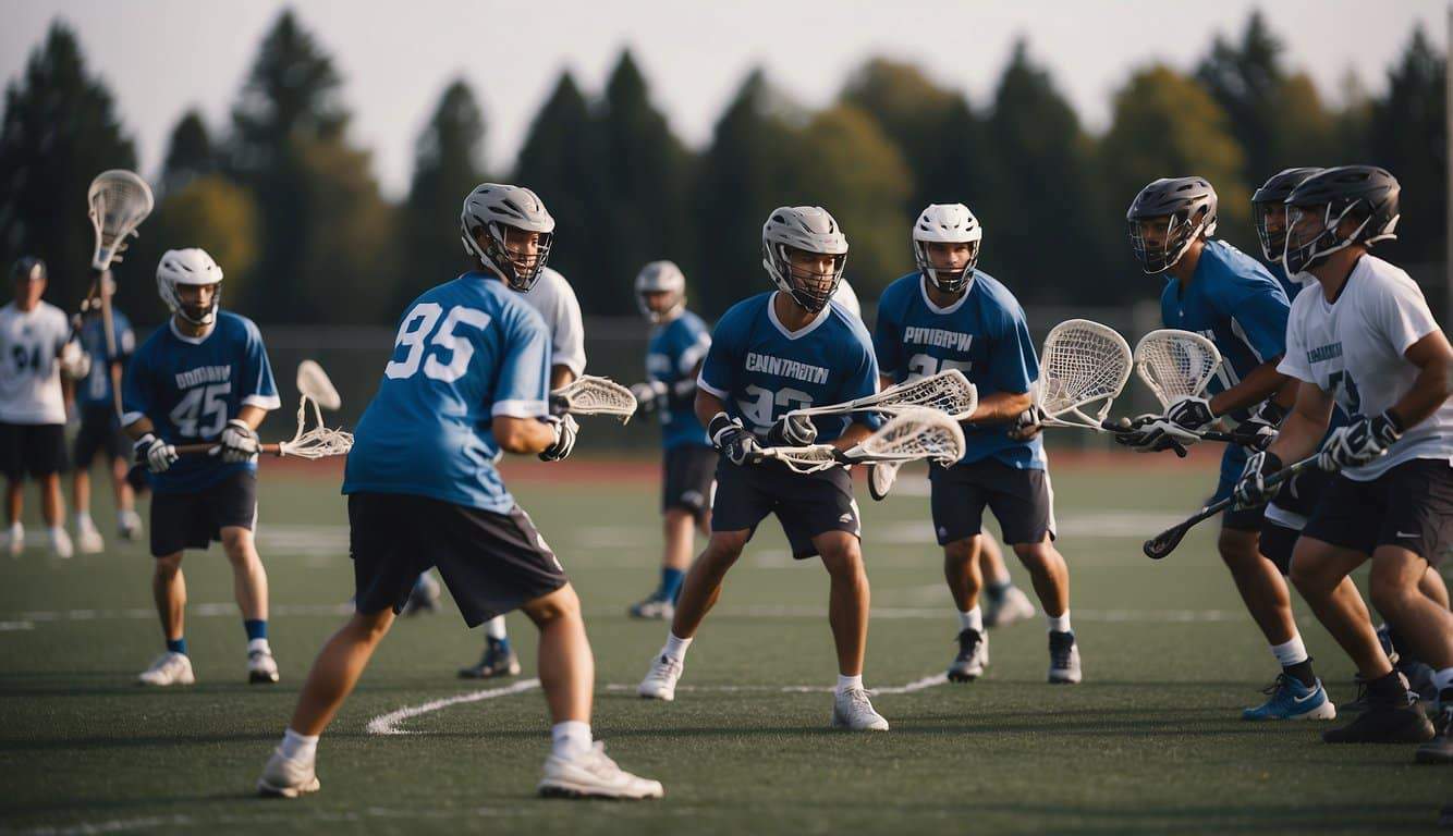 A group of lacrosse players training on a field, passing the ball, and practicing their shots under the guidance of coaches