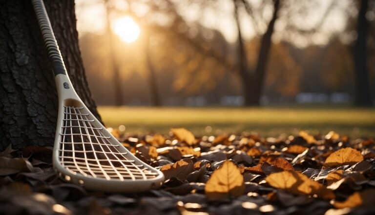 A lacrosse stick rests against a tree, surrounded by fallen leaves and a backdrop of a setting sun