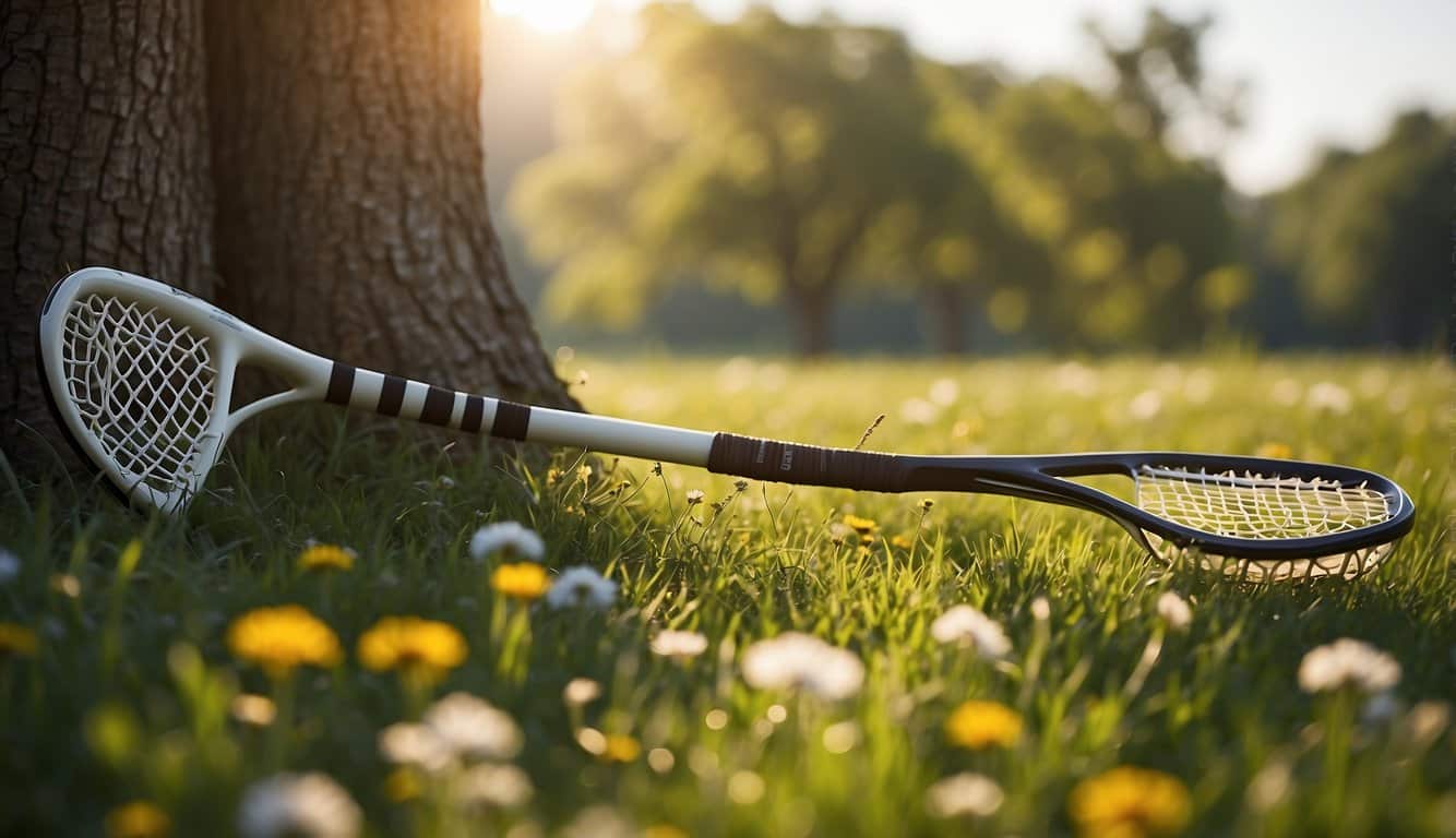 A lacrosse stick rests against a tree, surrounded by vibrant green grass and wildflowers in a sunlit field