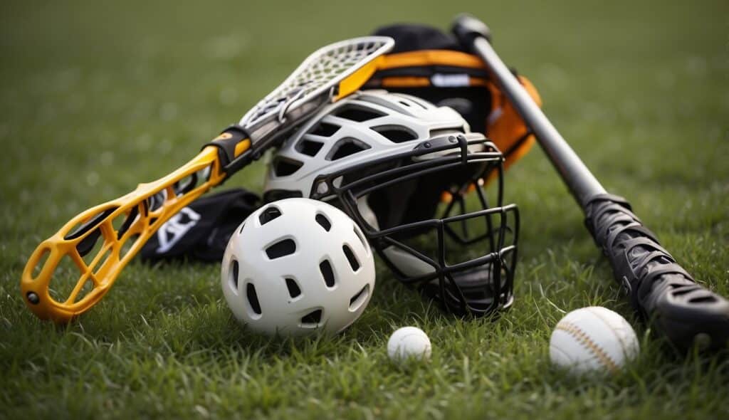 A lacrosse stick, ball, and protective gear lay on a grass field, ready for beginners to learn the basics of the sport