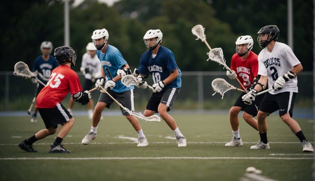 A group of beginners practice lacrosse, following the rules and gameplay. They pass the ball, dodge opponents, and aim for the goal