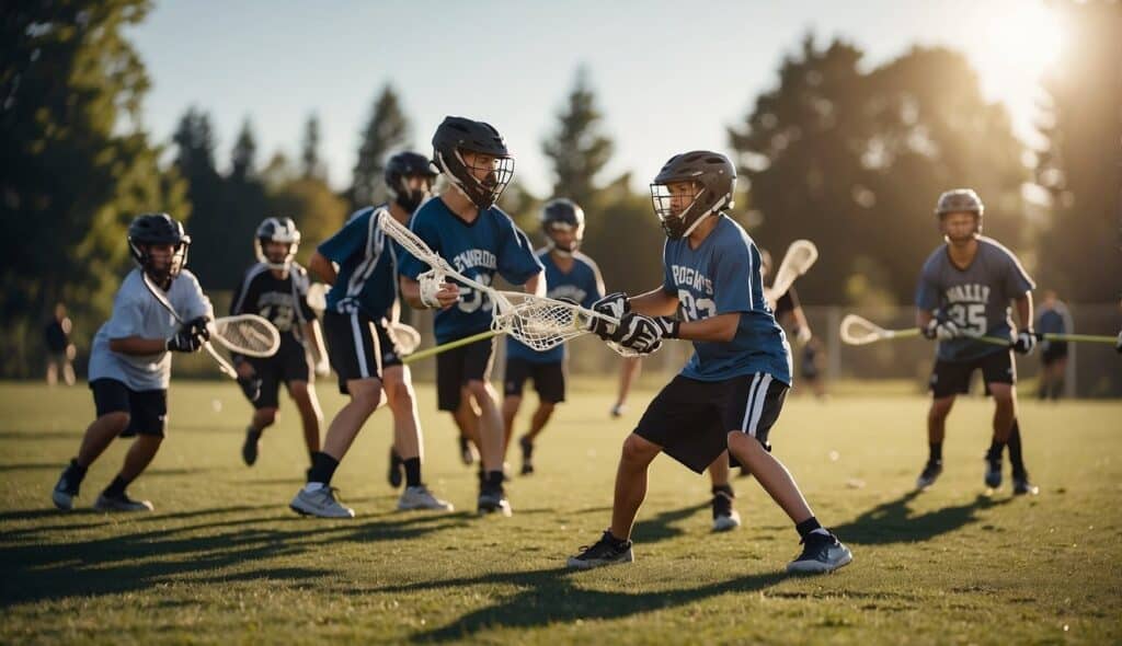 A group of beginners practicing lacrosse skills on a grass field with cones and equipment scattered around. The sun is shining, and the players are focused and determined