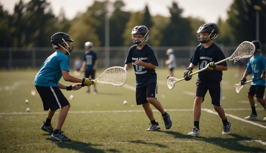 A group of beginners practicing lacrosse drills on a grass field, with coaches demonstrating proper techniques and players working on passing and shooting skills