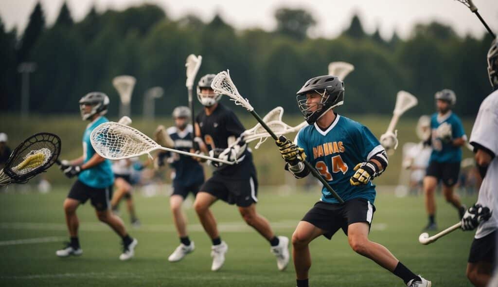 A group of people playing lacrosse on a grassy field, with colorful lacrosse sticks and a net. The players are running, passing, and shooting the ball, while spectators cheer from the sidelines