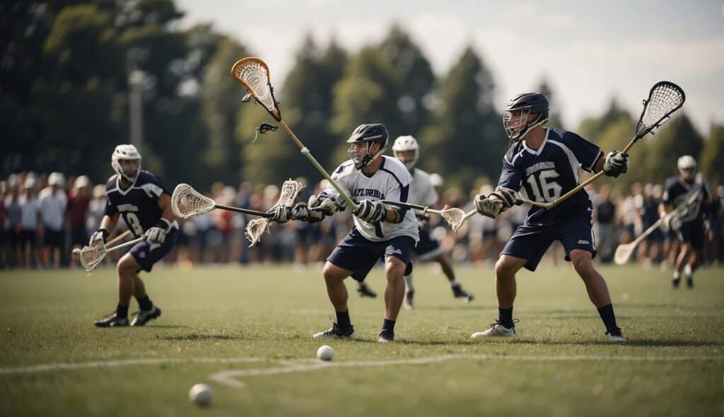 A group of players on a grassy field, using lacrosse sticks to pass and catch a ball. A crowd of spectators watches from the sidelines