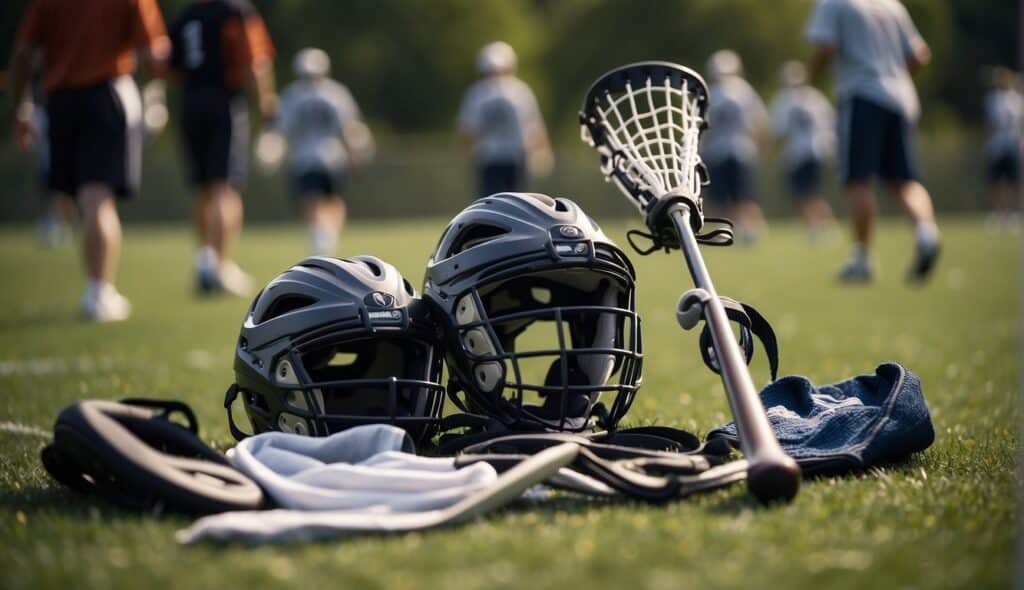 Lacrosse gear laid out on a grass field, with players practicing in the background. Historical lacrosse imagery adorns the surrounding area