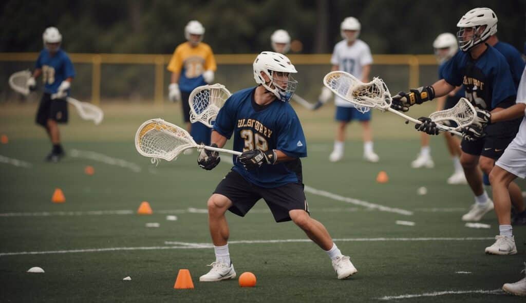 Players practicing lacrosse drills on a field with cones and equipment