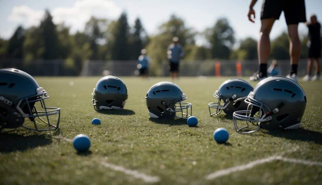 Players executing lacrosse training drills on a field, focusing on strategy and positioning. Cones and markers are set up for practice