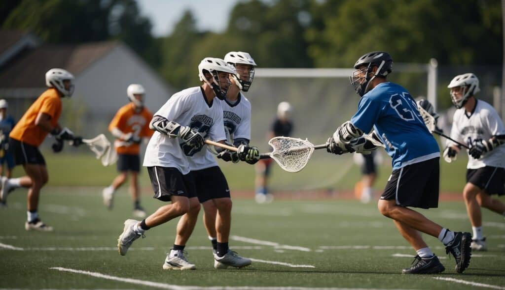 A group of lacrosse players practicing advanced skills and player development on a well-maintained field, with coaches providing tips and guidance