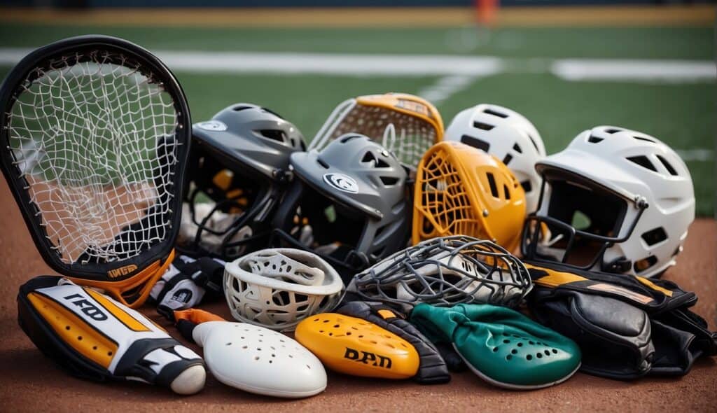 Lacrosse equipment laid out with rule book, sticks, helmets, pads, and gloves. Vibrant colors and detailed textures