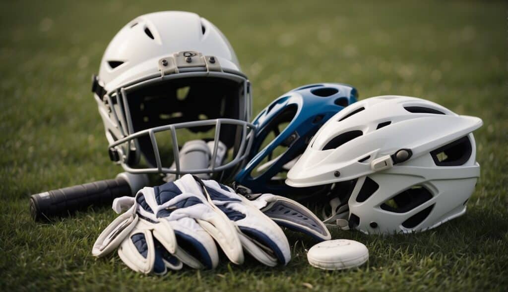 Lacrosse gear laid out on a grass field, including a helmet, gloves, stick, and pads