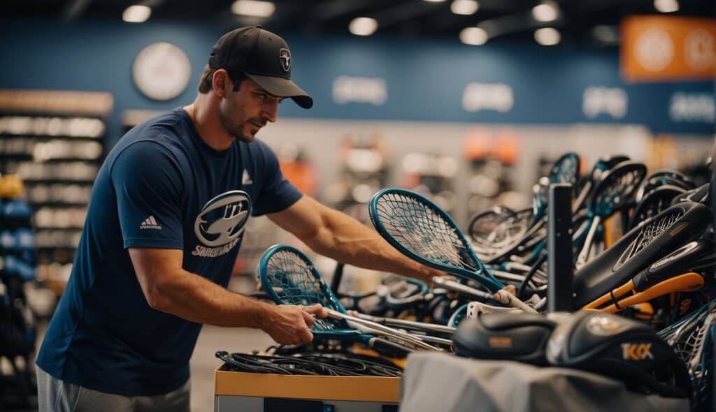 A lacrosse player purchasing and maintaining equipment at a sports store