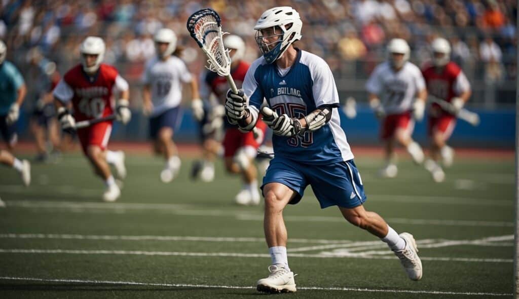 A lacrosse game in progress, with players running and passing the ball on a grass field, surrounded by a crowd of cheering spectators