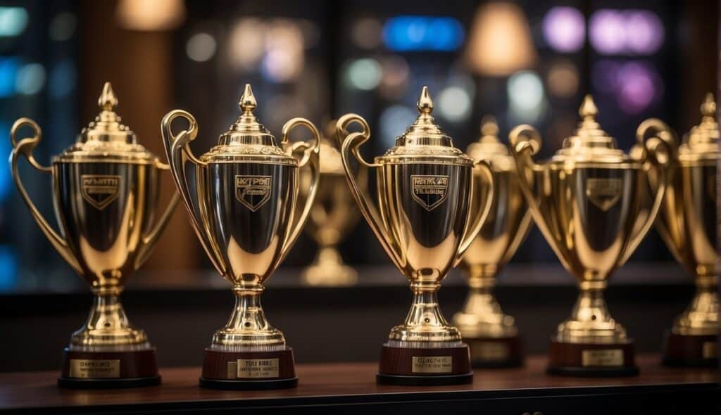 Lacrosse trophies and league logos displayed in a trophy case