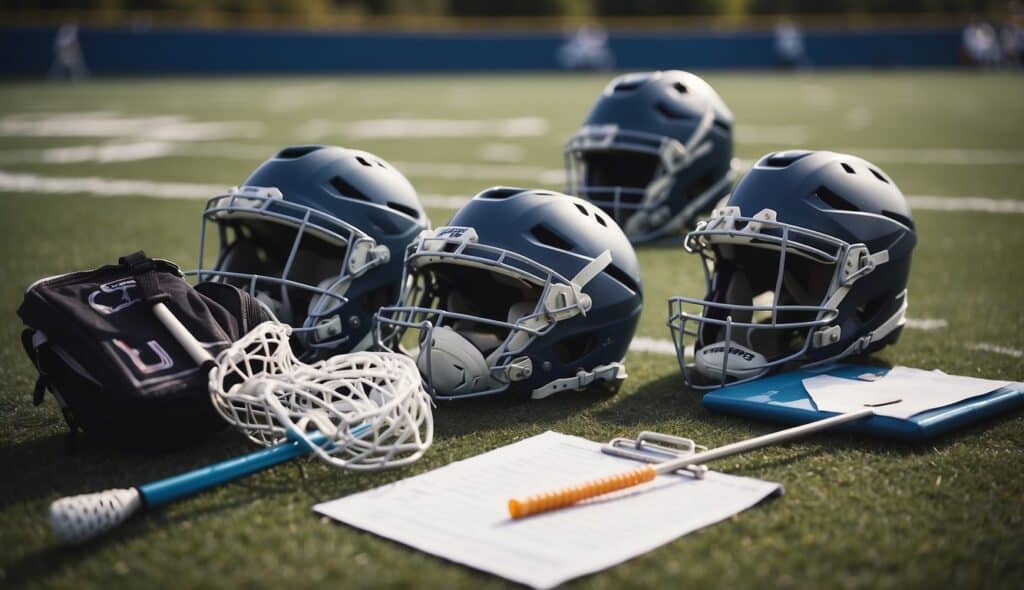 A lacrosse field with equipment like sticks, helmets, and pads scattered around. Women's team jerseys and a coach's clipboard lay on the sideline