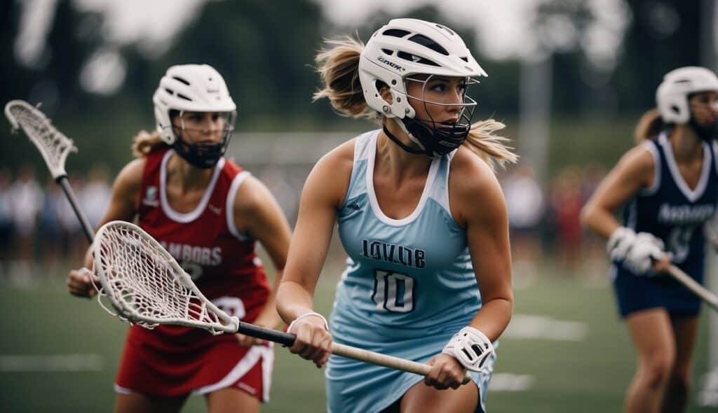 Women playing lacrosse, following game rules and procedures, passing and shooting the ball with lacrosse sticks on a field