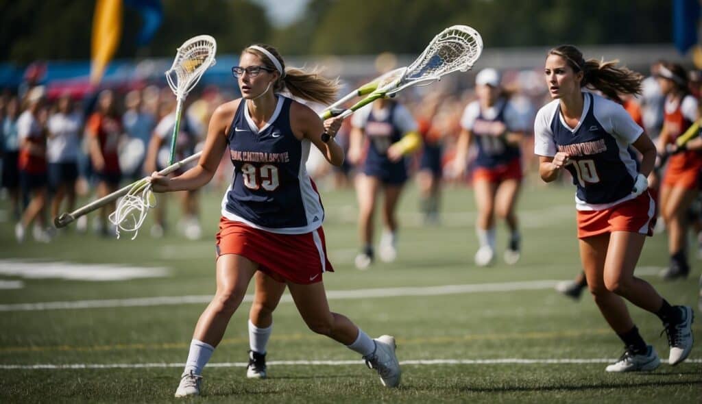 A women's lacrosse tournament with teams competing on a grass field, surrounded by cheering fans and colorful banners