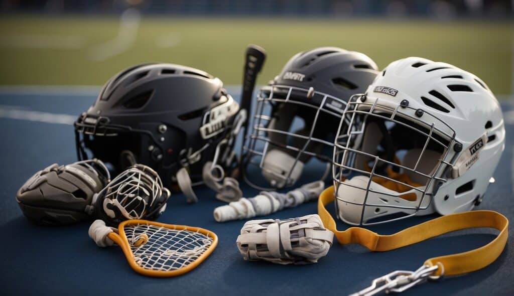 Lacrosse gear laid out with safety rules displayed to prevent injuries