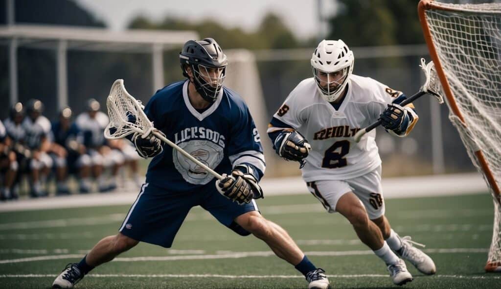 A lacrosse player dodges a defender and scores a goal, while the opposing team's goalie attempts to block the shot