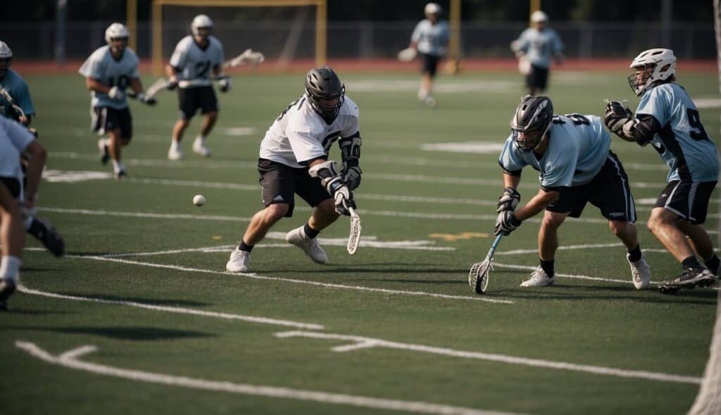 A lacrosse field with clear boundary lines, goalposts at each end, and players in motion