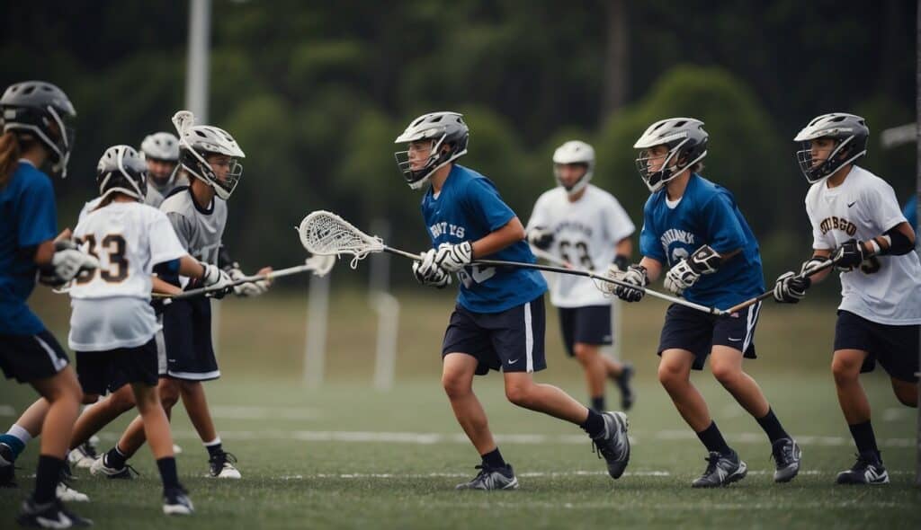 A group of young lacrosse players practice passing and shooting on a grass field under the guidance of a coach