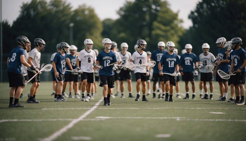 A group of young lacrosse players engage in strength and conditioning training on a field