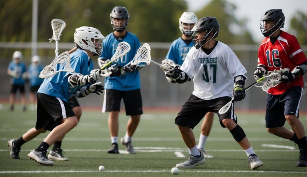 Teen lacrosse players practice strategic skills on a field, passing and maneuvering with precision