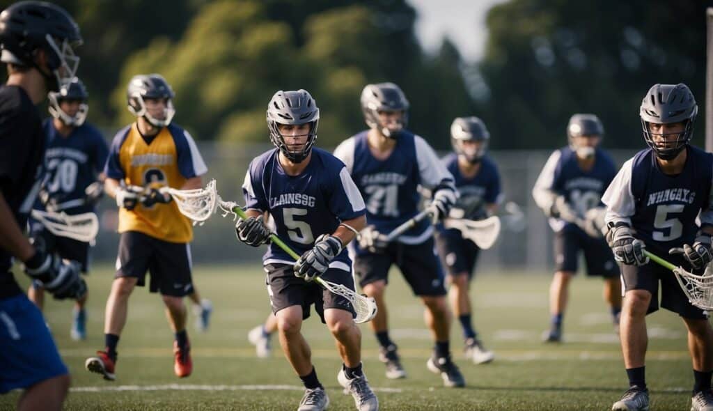 A group of young lacrosse players training on a field with coaches and equipment