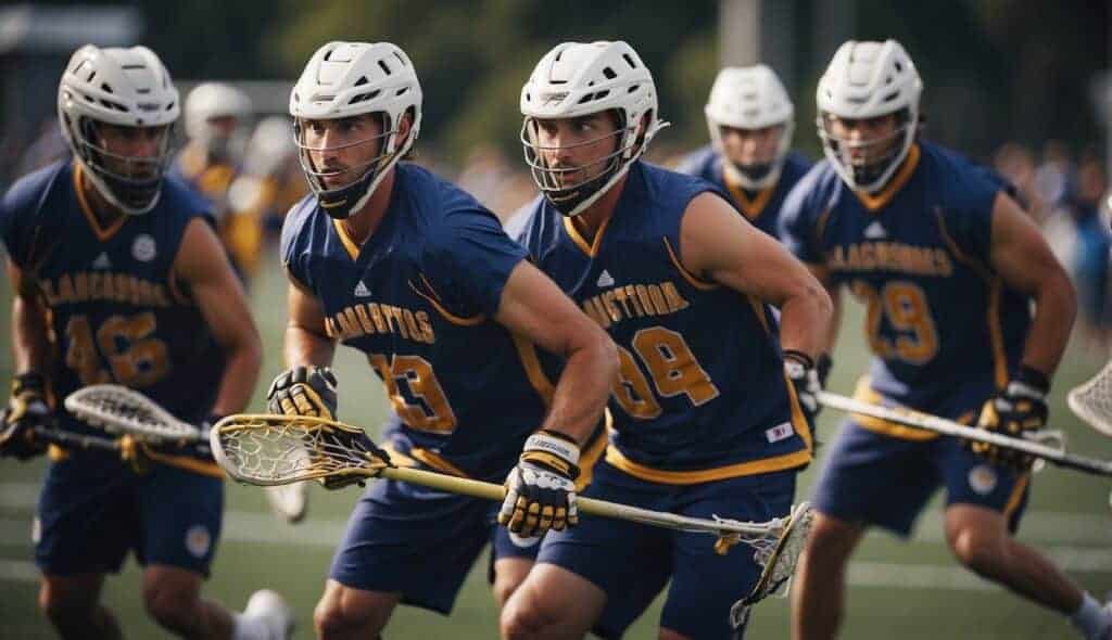 A group of lacrosse players work together, passing the ball and communicating on the field, showcasing the teamwork and camaraderie essential to the sport's history and development