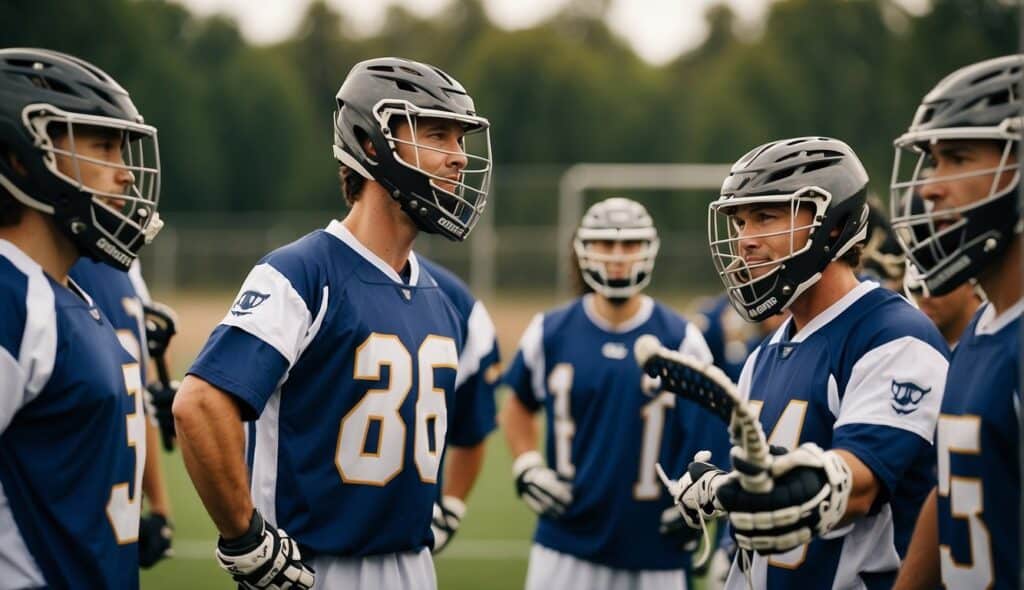 A group of lacrosse players gather on a field, holding their equipment and discussing game rules, showing teamwork and camaraderie