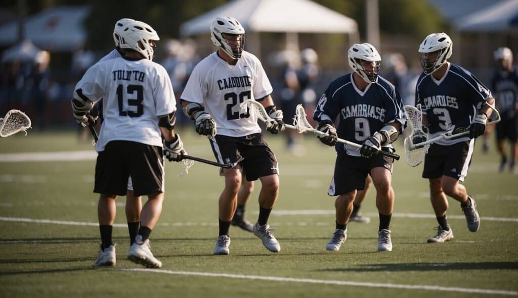 A group of lacrosse players gather on the field, working together as a team. Media cameras capture the action, highlighting the sense of camaraderie and teamwork in the sport