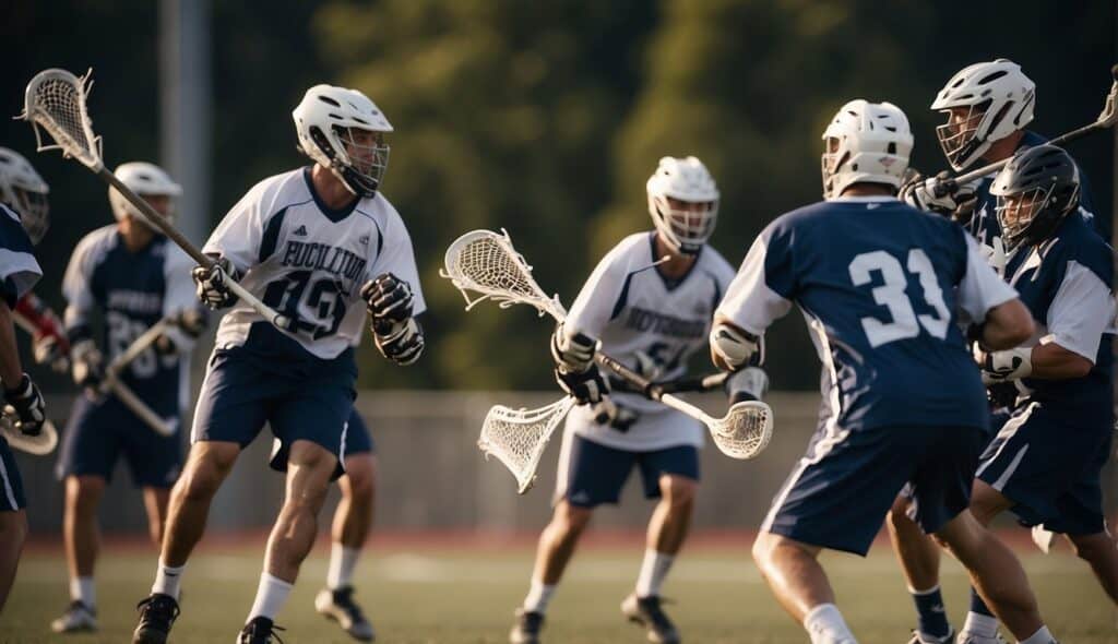 Players executing lacrosse tactics on a field with sticks, passing and shooting towards a goal