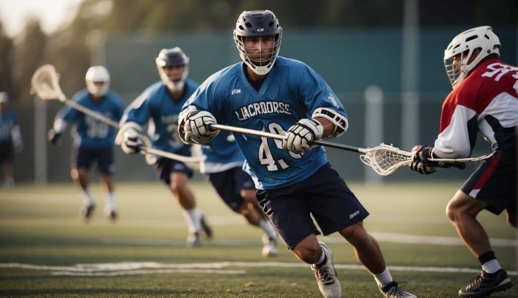 Lacrosse players executing aggressive attack tactics on the field