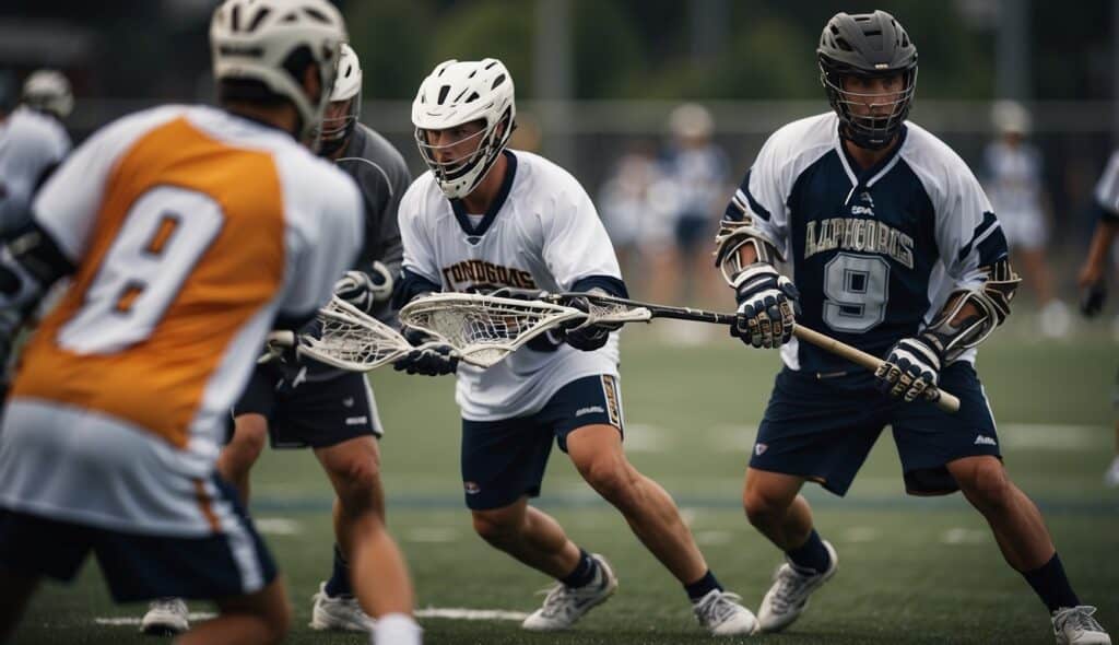 Players strategically position themselves on the field, ready to defend against opponents in a game of lacrosse