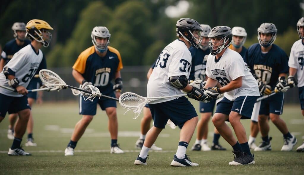 A lacrosse camp scene with players practicing drills and skills on a field with equipment and coaches providing guidance