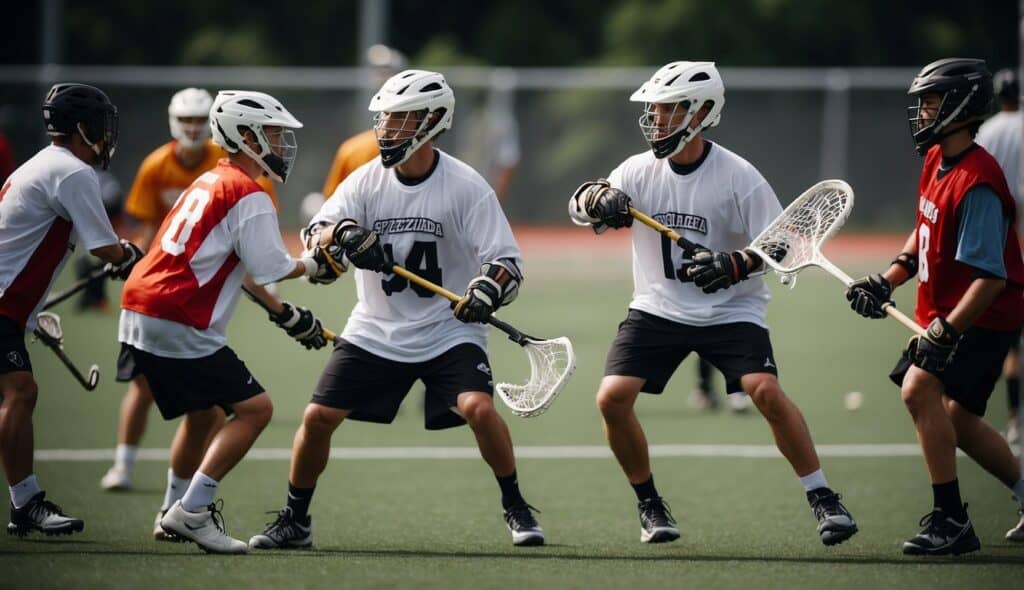 Specialized lacrosse camps and coaching sessions. Lacrosse equipment, players in action, and coaches giving instructions