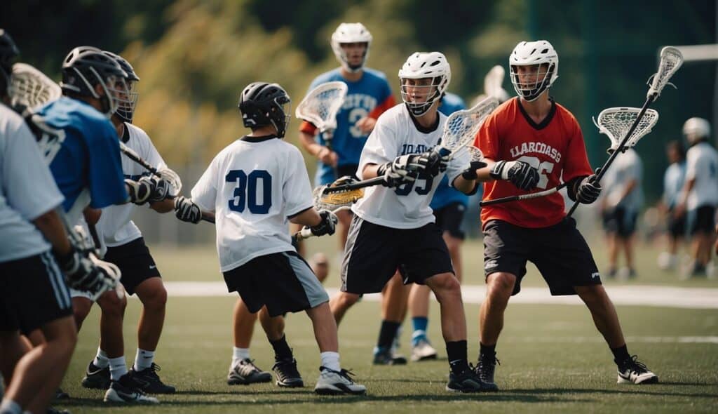 A lacrosse camp scene with equipment, players, and coaches in action