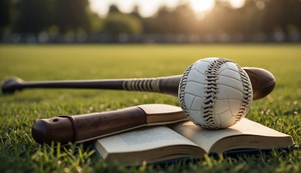 A lacrosse stick and ball lying on a grass field, with a historical book open in the background