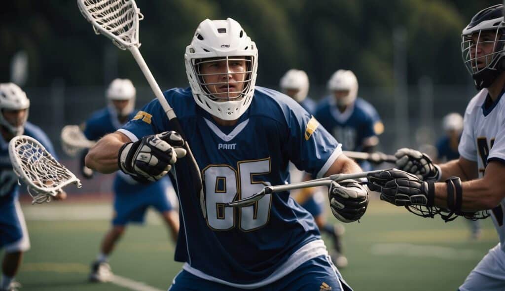 A lacrosse game in action, players passing and shooting the ball, with a focus on the rules and gameplay